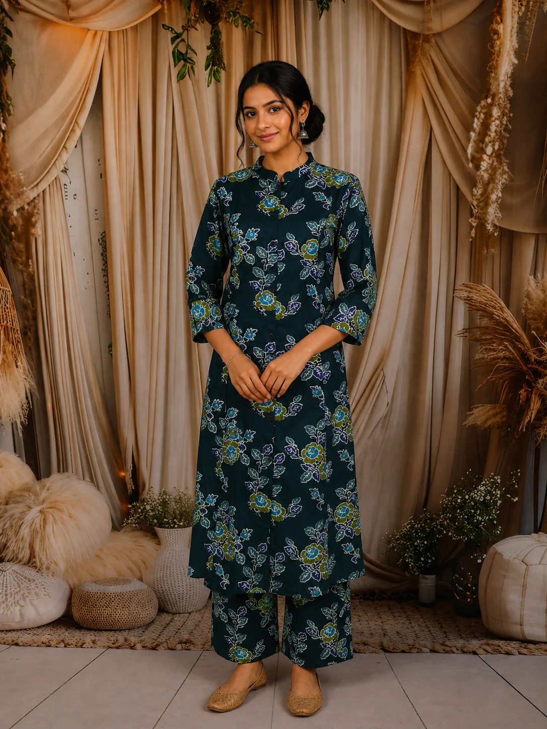 Teal Blue Floral Printed Design Cotton Straight Cut Salwar Suit